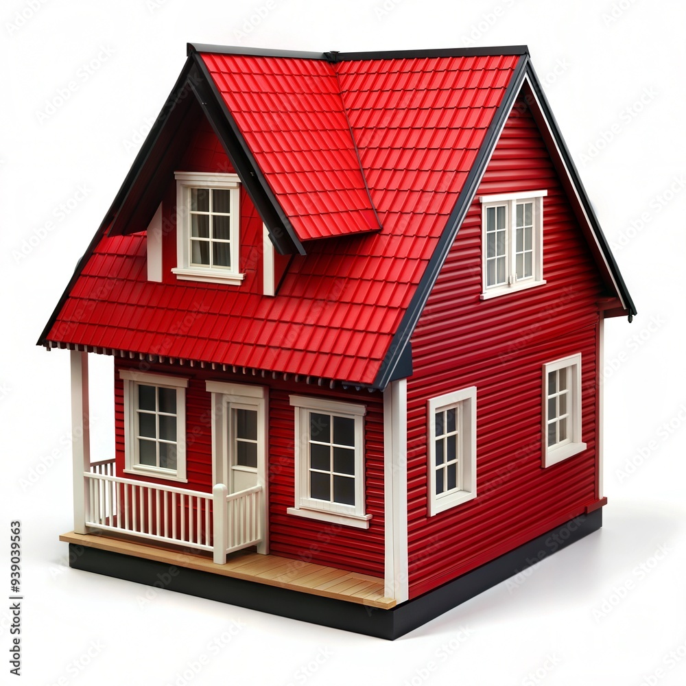 Red Miniature House Model with Porch and White Trim on White Background