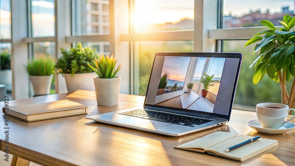 Sunlit Home Office with Laptop and Plants on Wooden Desk Sunlit Home Office with Laptop and Plants on Wooden Desk