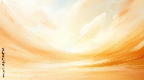 A painting of a yellow sky with clouds and a horizon