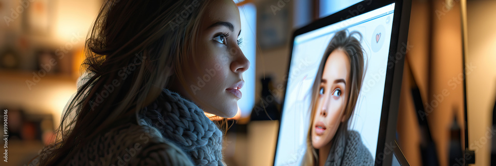 Fototapeta premium Virtual Portraiture: An artist drawing a realistic digital portrait on a computer, capturing fine details with the precision only digital tools can offer.