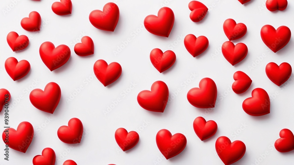 Scattered red hearts on white background.