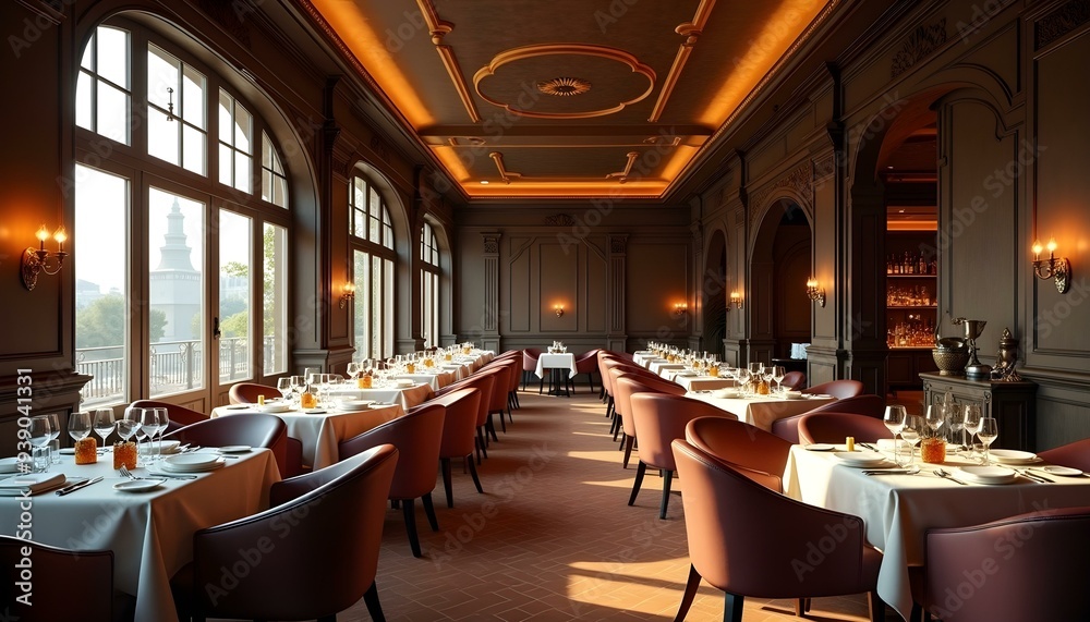 Obraz premium A restaurant with a luxurious and classic style, Tables and chairs and booths in vacant restaurant, In a restaurant setting, a luxurious dinner meet immerses viewers in the cozy ambiance of a bustling