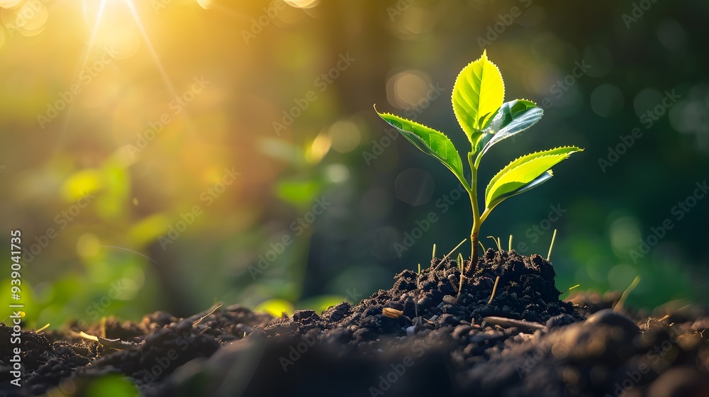 A young plant sprouting from the ground, with sunlight and a green natural background