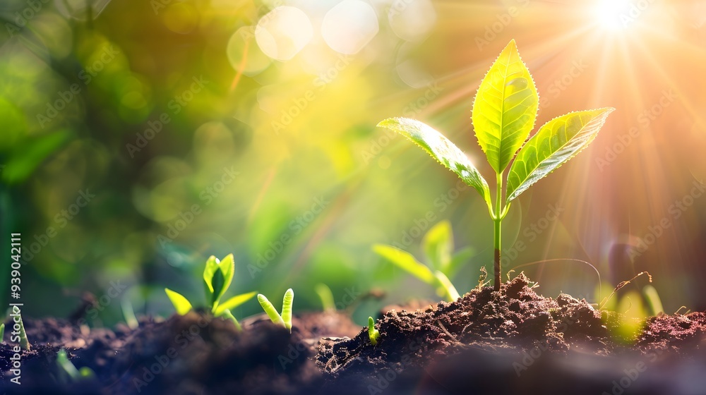A young plant sprouting from the ground, with sunlight and a green natural background A young plant sprouting from the ground, with sunlight and a green natural background