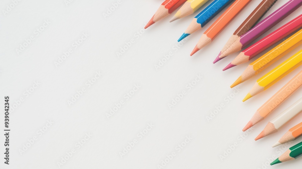Colorful Pencils Lined Up on White Background - Creative Art Supplies