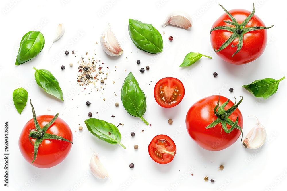 top view of tomatoes, garlic and basil isolated on white background, diet concept top view of tomatoes, garlic and basil isolated on white background, diet concept