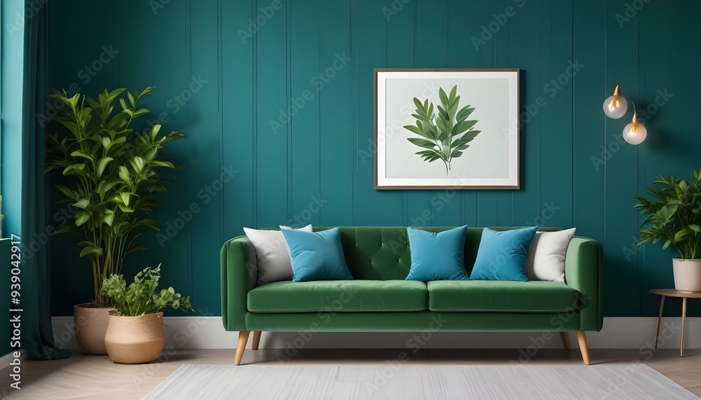 Interior mockup In a white room a blue sofa is placed next to a photo frame on the wall Interior mockup In a white room a blue sofa is placed next to a photo frame on the wall