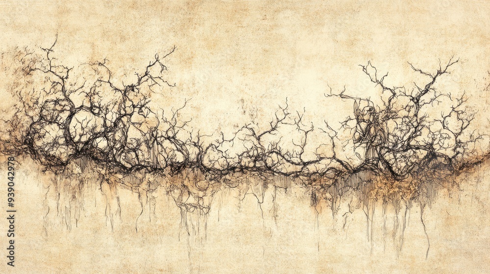 Obraz premium Biblical Illustration of Psalms 80: Once-Thriving Vineyard Overgrown with Thorns, Symbolizing Israel's Fall and Hope for Renewal