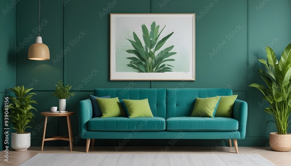 Interior mockup In a white room a blue sofa is placed next to a photo frame on the wall Interior mockup In a white room a blue sofa is placed next to a photo frame on the wall