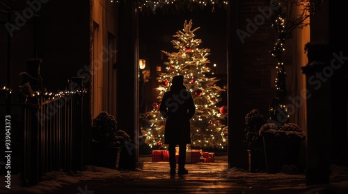 Silhouette of a Person Standing Before a Christmas Tree