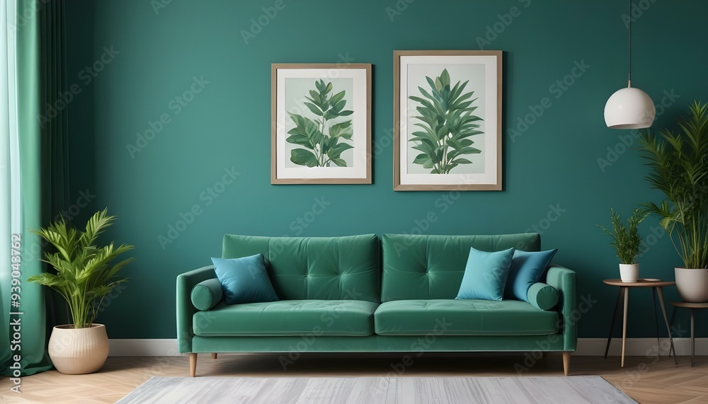 Interior mockup In a white room a blue sofa is placed next to a photo frame on the wall Interior mockup In a white room a blue sofa is placed next to a photo frame on the wall