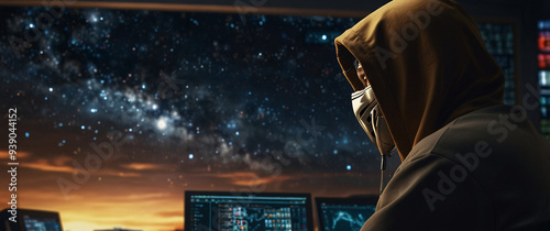 hacking with a mesmerizing depiction of an anonymous hacker, their back presented in a half-turn, wearing a hoodie, seated in front of a commanding monitor, engrossed in the process of deciphering photo