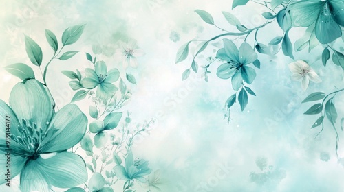 Design a soft floral background with pastel colors like mint green and blue. Delicate hand-drawn flowers and leaves are scattered across the page, creating a fresh and tranquil design