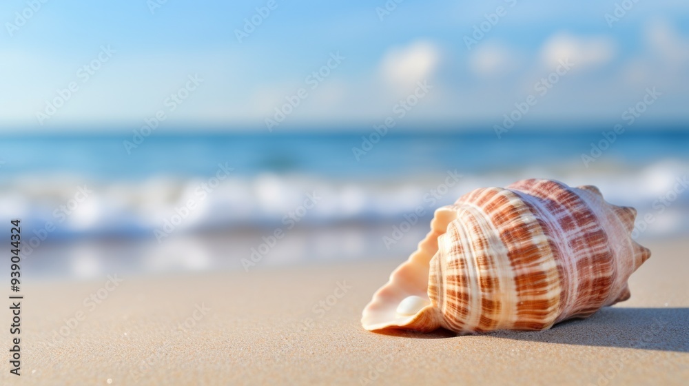 Beautiful seashell on sandy beach at sunset closeup. Neural network ai generated art Beautiful seashell on sandy beach at sunset closeup. Neural network ai generated art