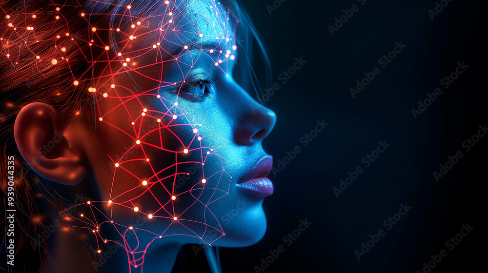 Portrait of woman face side view on black banner background with copy space for text illuminated by glowing neon network nodes. Artificial intelligence concept 