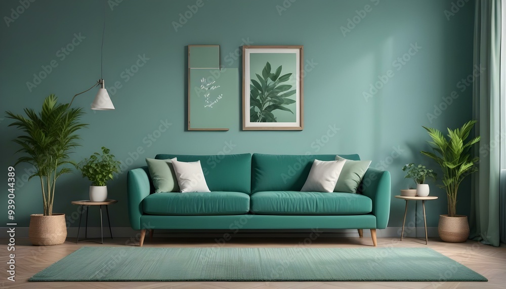 Interior mockup In a white room a blue sofa is placed next to a photo frame on the wall Interior mockup In a white room a blue sofa is placed next to a photo frame on the wall