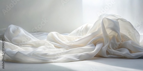 "Ethereal minimalist still life: crisp white fabric folds, soft natural light, subtle shadows, delicate creases, serene atmosphere, and a hint of wispy texture"