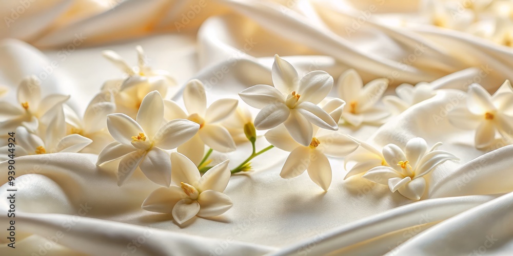 Fototapeta premium Ethereal mogra blooms scattered on pristine white silk, soft focus, warm golden light, delicate petals, and gentle folds convey serenity and elegance.