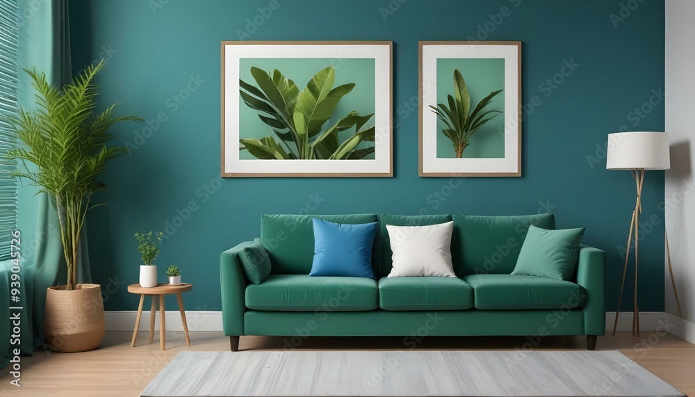 Interior mockup In a white room a blue sofa is placed next to a photo frame on the wall Interior mockup In a white room a blue sofa is placed next to a photo frame on the wall