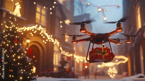 Drone Delivering Christmas Gift in a Snowy Town