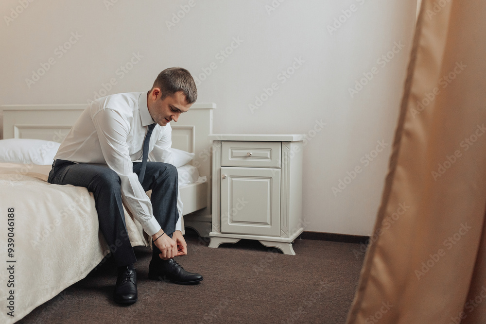 A man is sitting on a bed and fixing his shoes. The image has a casual and relaxed mood, as the man is dressed in a suit and tie but is not in a formal setting A man is sitting on a bed and fixing his shoes. The image has a casual and relaxed mood, as the man is dressed in a suit and tie but is not in a formal setting