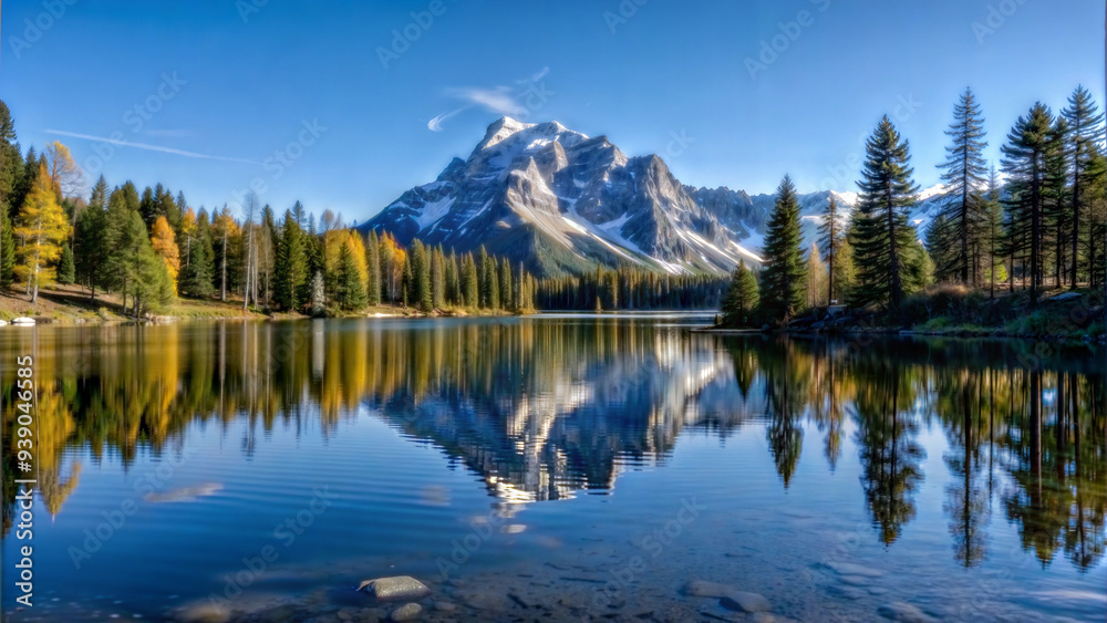 Majestic snow-capped mountain reflecting in a crystal-clear lake surrounded by pine forest Majestic snow-capped mountain reflecting in a crystal-clear lake surrounded by pine forest