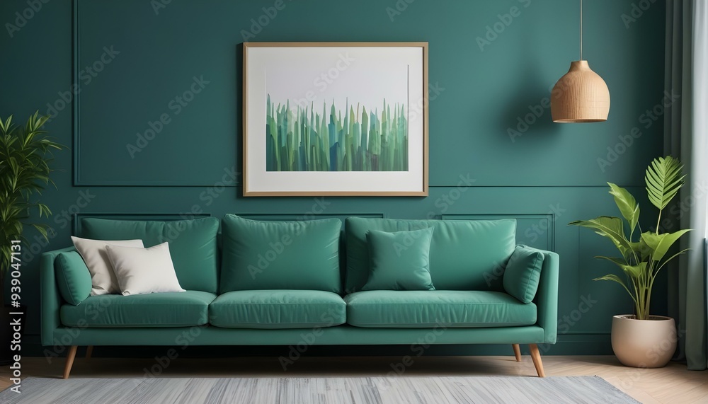 Interior mockup In a white room a blue sofa is placed next to a photo frame on the wall Interior mockup In a white room a blue sofa is placed next to a photo frame on the wall
