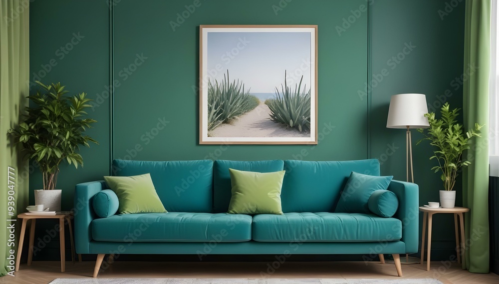 Interior mockup In a white room a blue sofa is placed next to a photo frame on the wall Interior mockup In a white room a blue sofa is placed next to a photo frame on the wall