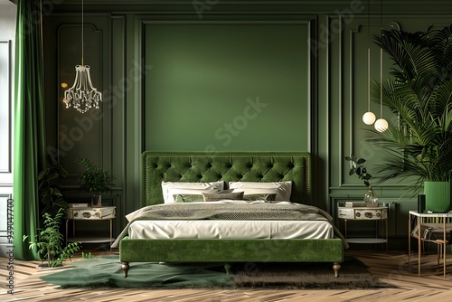 Modern rich luxury bedroom with lime olive color bed velor and khaki dark green painting wall. Minimalist interior design home or hotel. Empty mockup wall for art. wood parquet details. 3d
