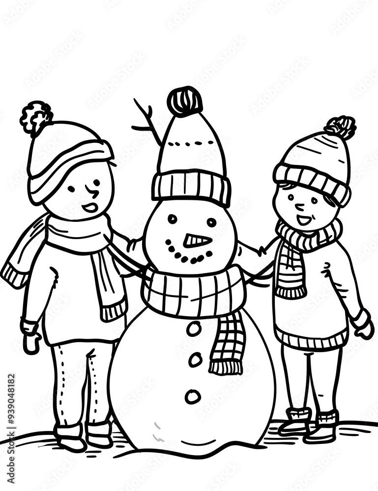 A Family Building a Snowman Together. Christmas Snowman Coloring Page A Family Building a Snowman Together. Christmas Snowman Coloring Page