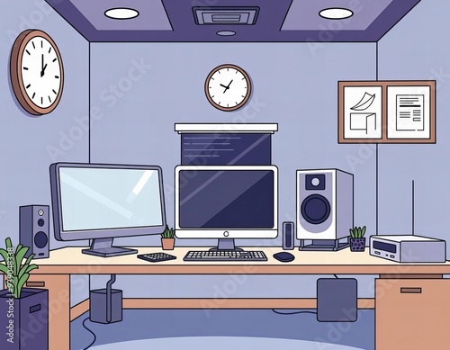 there is a computer desk with a monitor, keyboard, speakers and a clock. photo