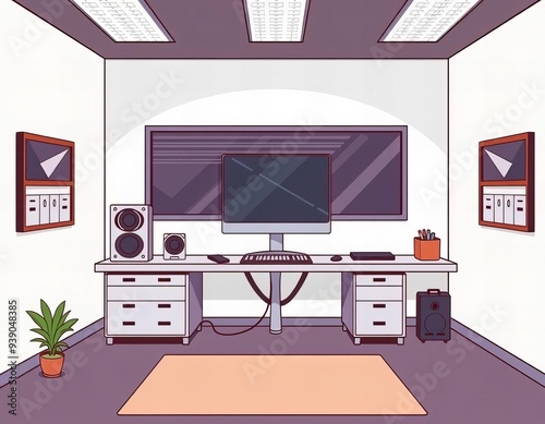 there is a computer desk with a monitor and speakers in the room. photo