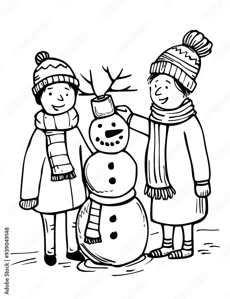 A Family Building a Snowman Together. Christmas Snowman Coloring Page A Family Building a Snowman Together. Christmas Snowman Coloring Page