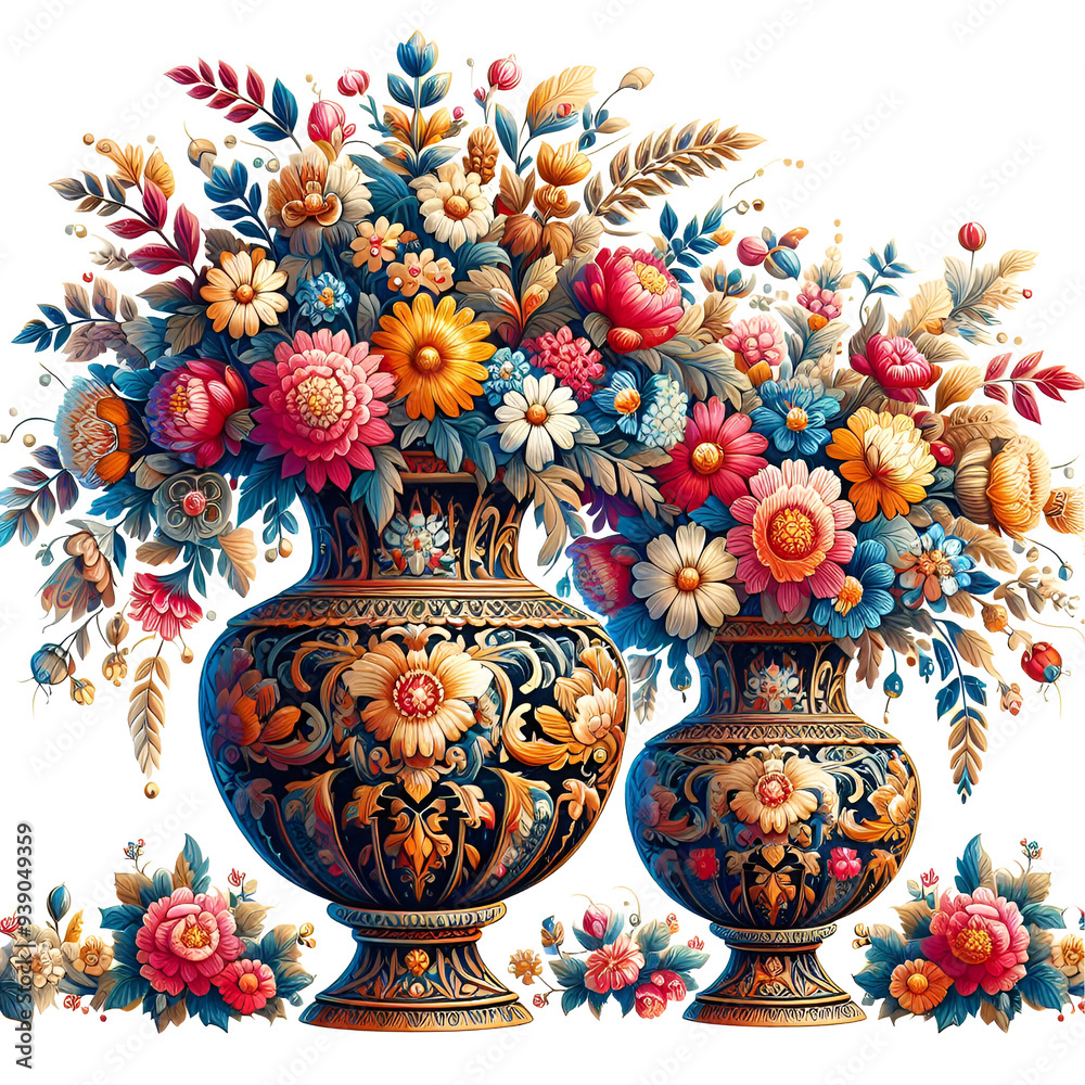 Tole Painting with Ornate Flower Vases Tole Painting with Ornate Flower Vases