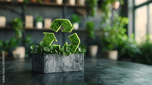 A vibrant green recycling symbol placed among lush indoor plants, emphasizing eco-friendly living, sustainability, and environmental consciousness in a modern setting. photo