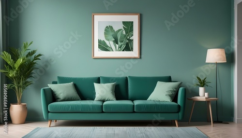 Interior mockup In a white room a blue sofa is placed next to a photo frame on the wall