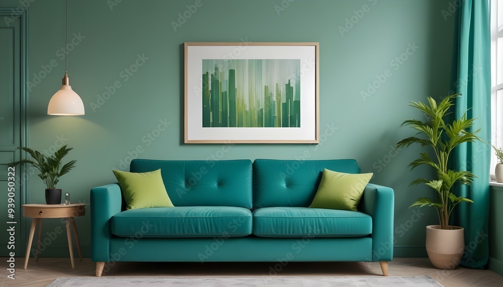 Interior mockup In a white room a blue sofa is placed next to a photo frame on the wall Interior mockup In a white room a blue sofa is placed next to a photo frame on the wall