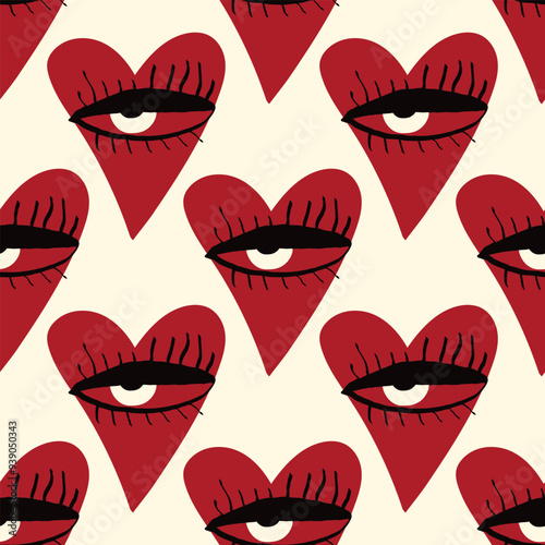 Valentines Day pattern with ugly funky hearts. Groovy cute love characters. Vector illustration in doodle style