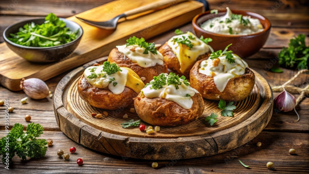 Golden light warms rustic baked potatoes, fragrant herbs, toasted cheeses, and creamy sauces, set against wooden backdrop, exuding cozy autumnal charm with handmade imperfections. Golden light warms rustic baked potatoes, fragrant herbs, toasted cheeses, and creamy sauces, set against wooden backdrop, exuding cozy autumnal charm with handmade imperfections.