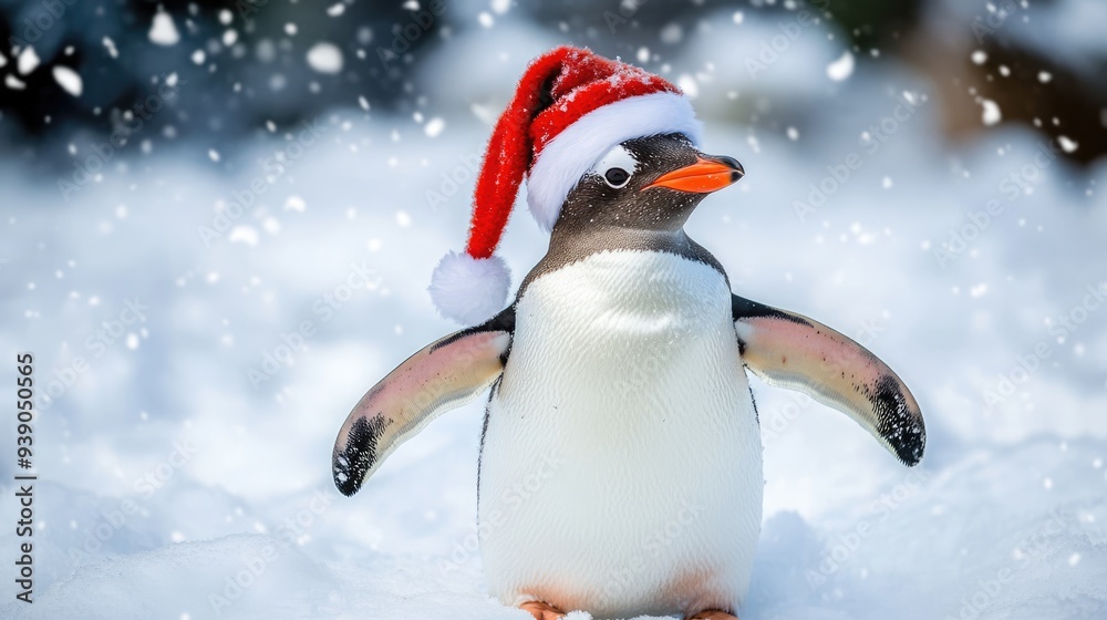 Penguin in a Santa Hat Standing in the Snow Penguin in a Santa Hat Standing in the Snow