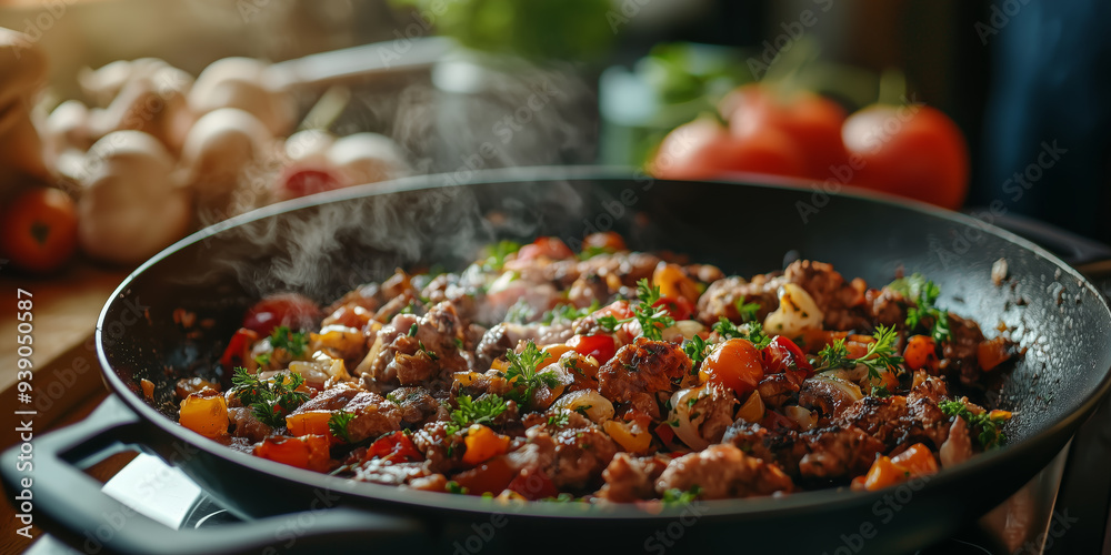 delicious meat with vegetables in a frying pan delicious meat with vegetables in a frying pan