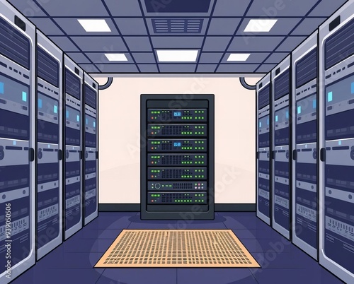 a cartoon of a server room with a lot of servers. photo