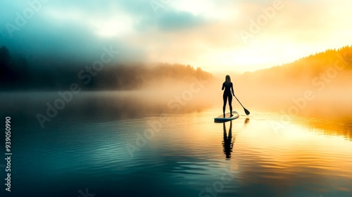 A serene scene at dawn shows a lone paddleboarder gliding across a calm lake. Soft mist rises over the water reflecting the colorful sunrise. This peaceful moment captures the beauty of nature. AI photo