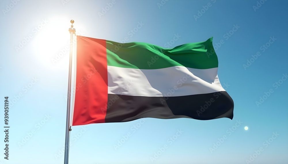 United Arab Emirates national flag waving in sunny sky. UAE national flag for independence day. UAE Flag, Flag background United Arab Emirates national flag waving in sunny sky. UAE national flag for independence day. UAE Flag, Flag background