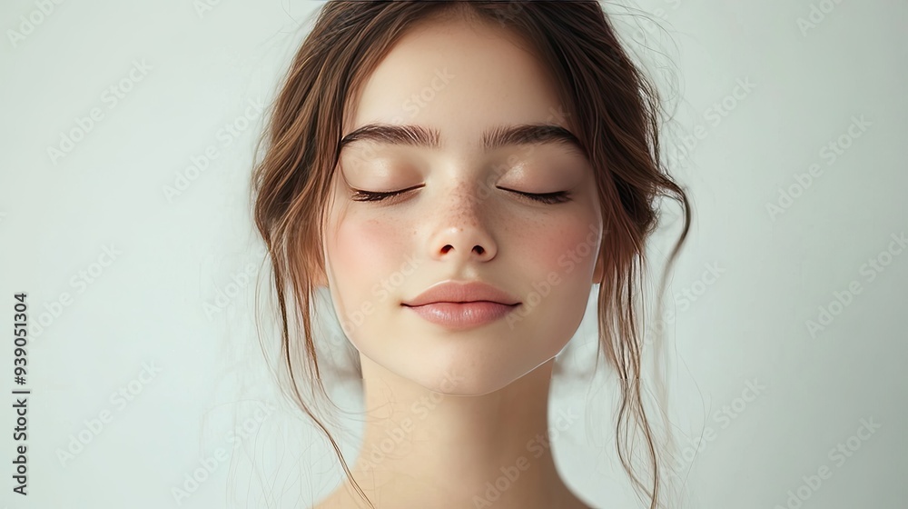 A serene portrait of a beautiful girl with her eyes closed, her face radiating calmness and beauty against a minimalist white background. A serene portrait of a beautiful girl with her eyes closed, her face radiating calmness and beauty against a minimalist white background.