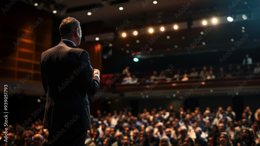 Rear view of a respectable business man giving a keynote speech on stage. Public speaking concept. Rear view of a respectable business man giving a keynote speech on stage. Public speaking concept.