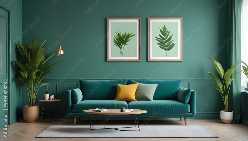 Interior mockup In a white room a blue sofa is placed next to a photo frame on the wall