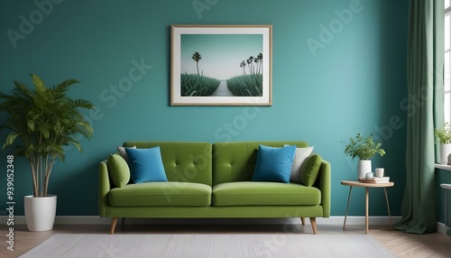 Interior mockup In a white room a blue sofa is placed next to a photo frame on the wall