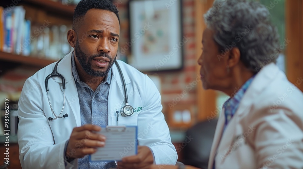 Obraz premium hyper realistic photograph of an African-American Doctor holding a prescription with an older African female patient sitting and looking at the camera, AI Generative