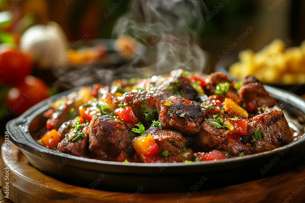 delicious meat and grilled vegetable dinner meal, well spiced close focus delicious meat and grilled vegetable dinner meal, well spiced close focus